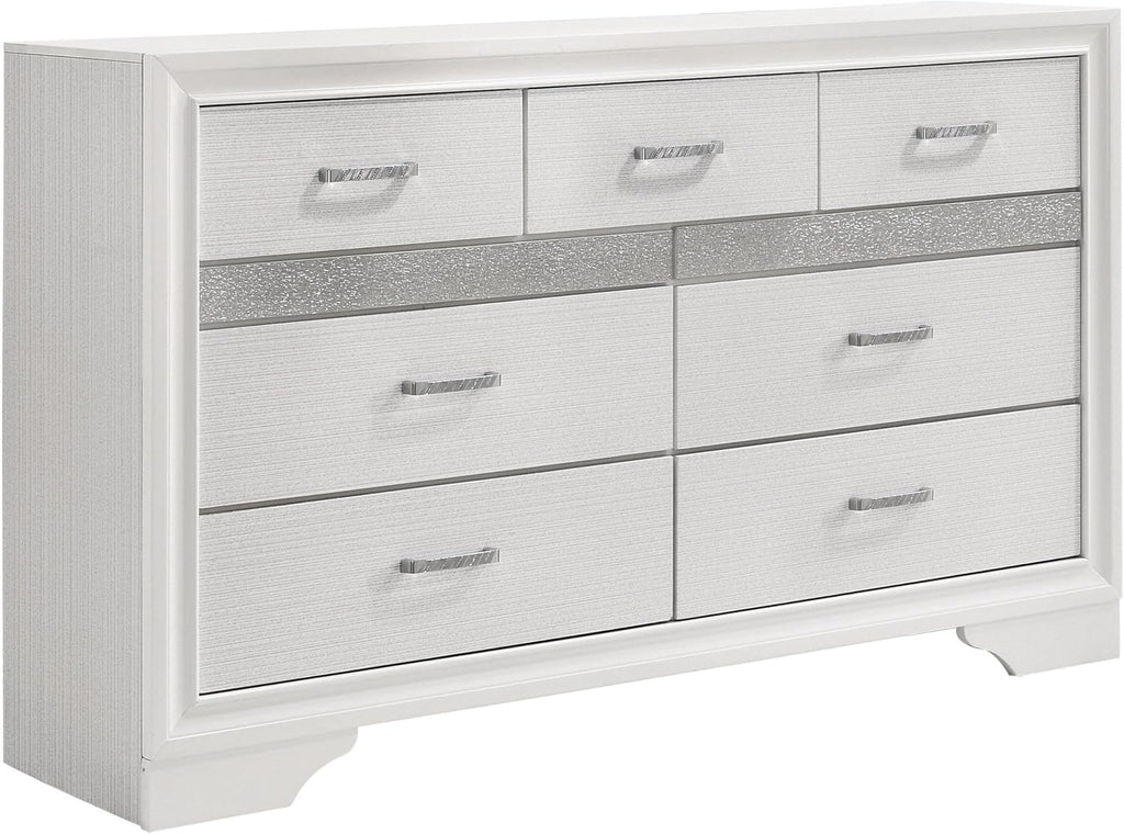 Benjara Vino 4pc Full Bedroom Set- Storage Footboard- White/Glitter Stripes