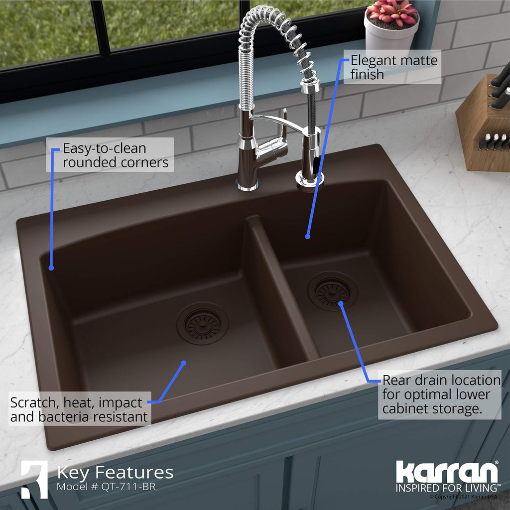 Karran QT-711 Drop-In Quartz Composite 33 in. 1-Hole 60/40 Double Bowl Kitchen Sink in Brown