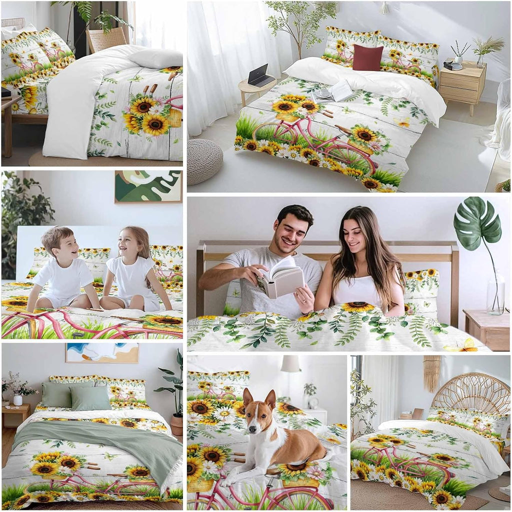 Spring Floral Duvet Cover Set Queen Size 4 Pieces Sunflower Daisy Bike Eucalyptus Leaves Grey Wood Bedding Set with Zipper Closure, 1 Comforter Cover 86x86 Inches 1 Flat Sheet & 2 Pillow Cases