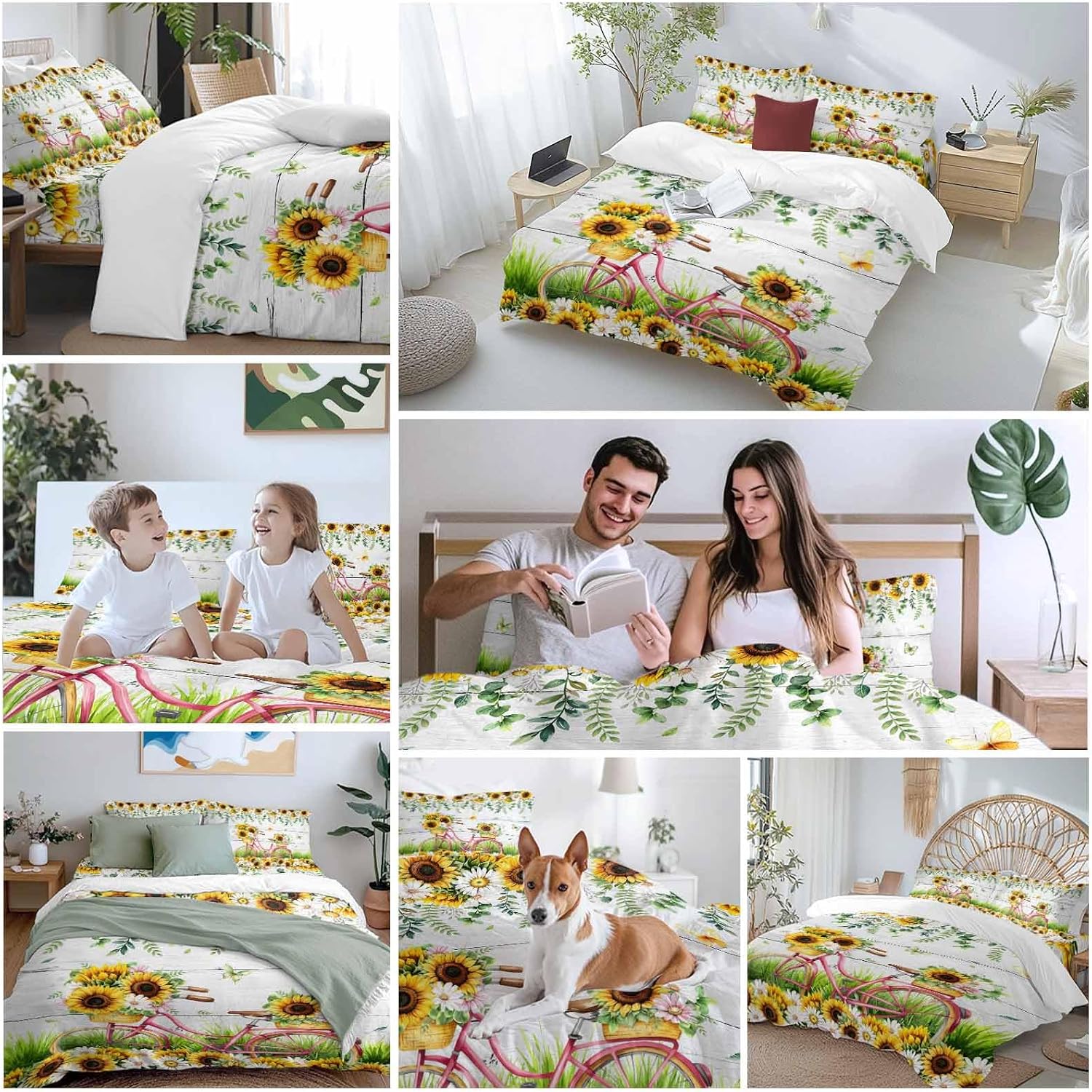Spring Floral Duvet Cover Set Queen Size 4 Pieces Sunflower Daisy Bike Eucalyptus Leaves Grey Wood Bedding Set with Zipper Closure, 1 Comforter Cover 86x86 Inches 1 Flat Sheet & 2 Pillow Cases