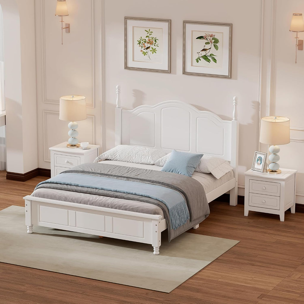 Bedroom Set of Furniture, Wooden Platform Bed and Two Bedside Tables, for Family Use(White(Full))