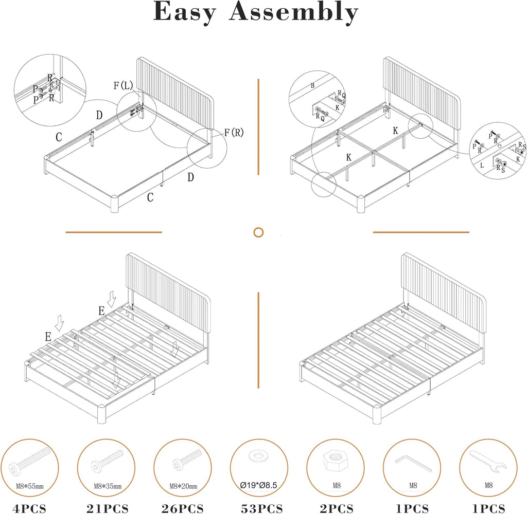 Vipbear Queen Upholstered Platform Bed Frame, Luxury Velvet Fabric with Headboard, Quiet & Sturdy Slat Support, Under-Bed Storage Space, Easy Setup, White