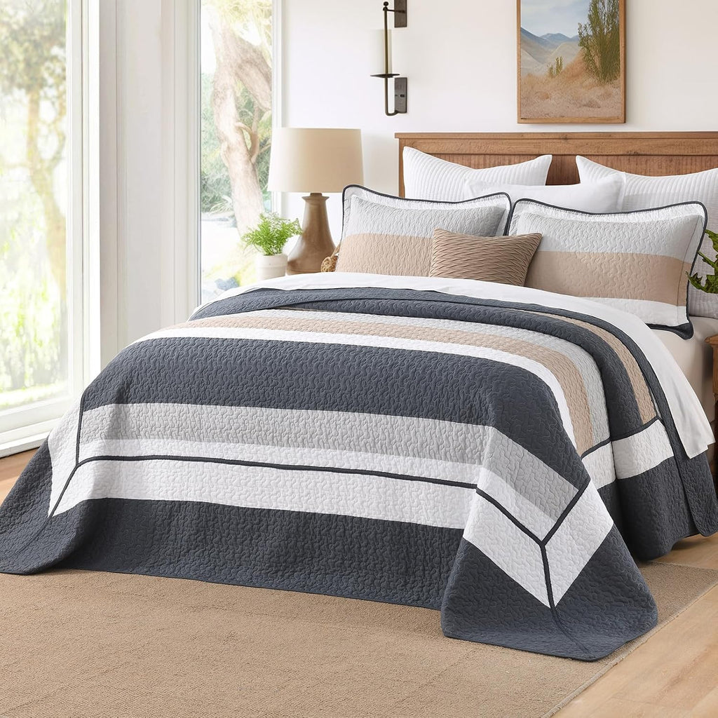 DDUOXIN Oversized King Bedspread 128'W x120'L - 100% Cotton California Quilt with 2 Pillow Shams, Simple Striped Design Lightweight Durable Bedding, Perfect for Modern Bedrooms, Brown/Blue/Gray/White