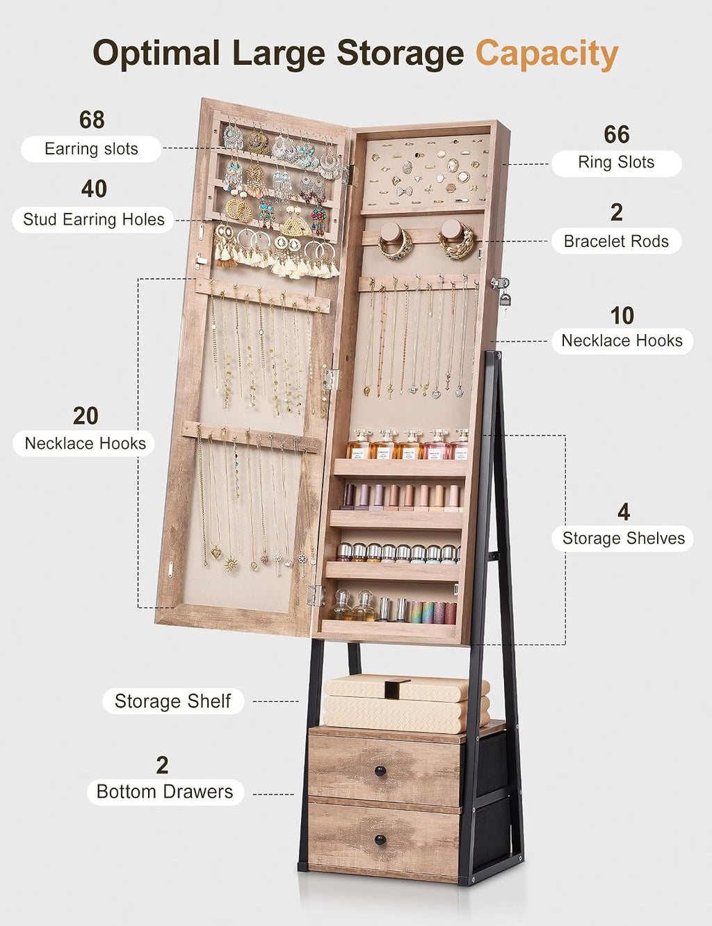 Nicetree Jewelry Cabinet Armoire with 2 Drawers,Standing Jewelry Mirror Cabinet, Full Length Mirror with Jewelry Storage, Lockable Jewelry Organizer with Mirror,Toasted Oak