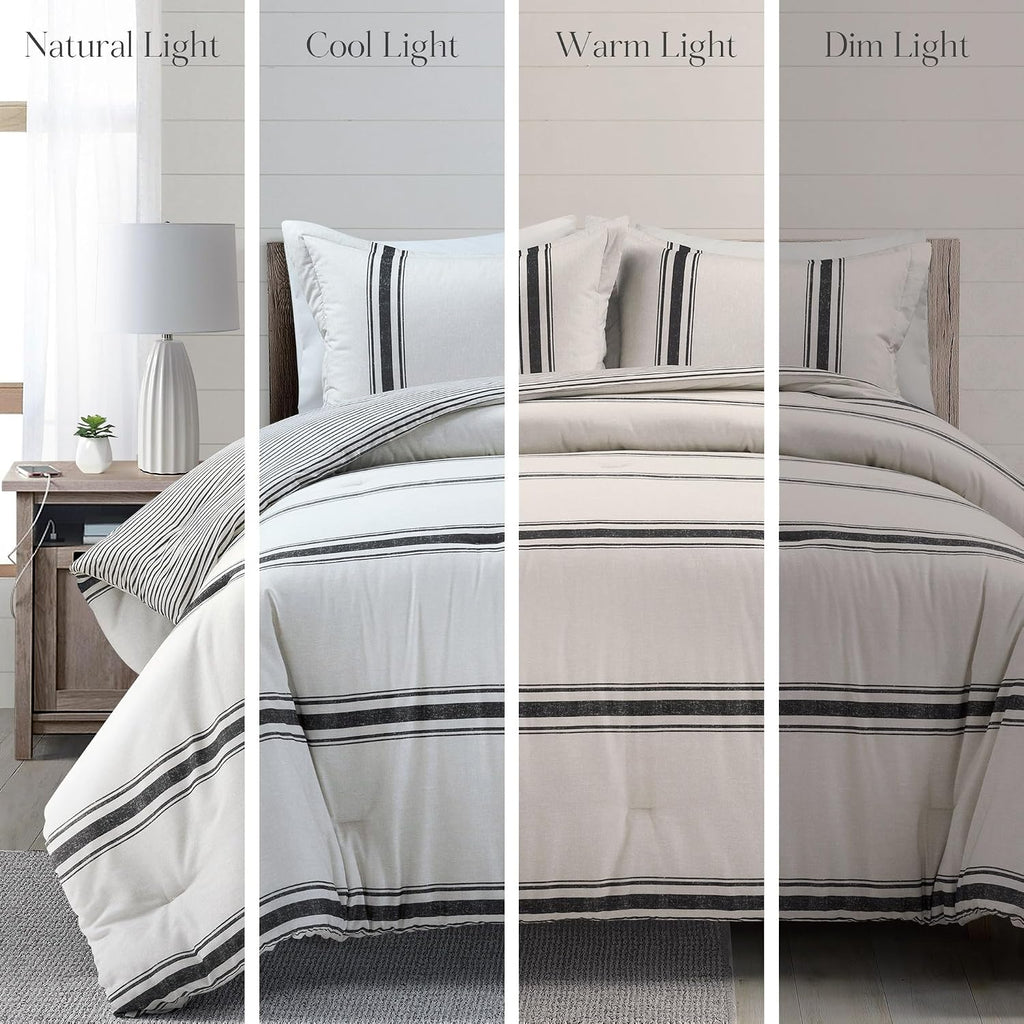 Lush Decor Farmhouse Stripe Reversible Cotton Comforter Set, 3 Piece Set, King, Black - Cozy Farmhouse Bedding Set - Rustic Decor - Striped Comforter - Modern Farmhouse Bedroom Decor