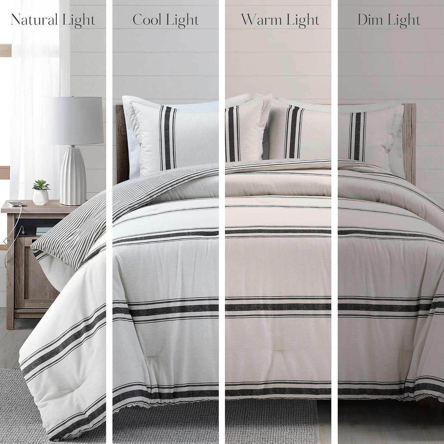 Lush Decor Farmhouse Stripe Reversible Cotton Comforter Set, 3 Piece Set, King, Black - Cozy Farmhouse Bedding Set - Rustic Decor - Striped Comforter - Modern Farmhouse Bedroom Decor
