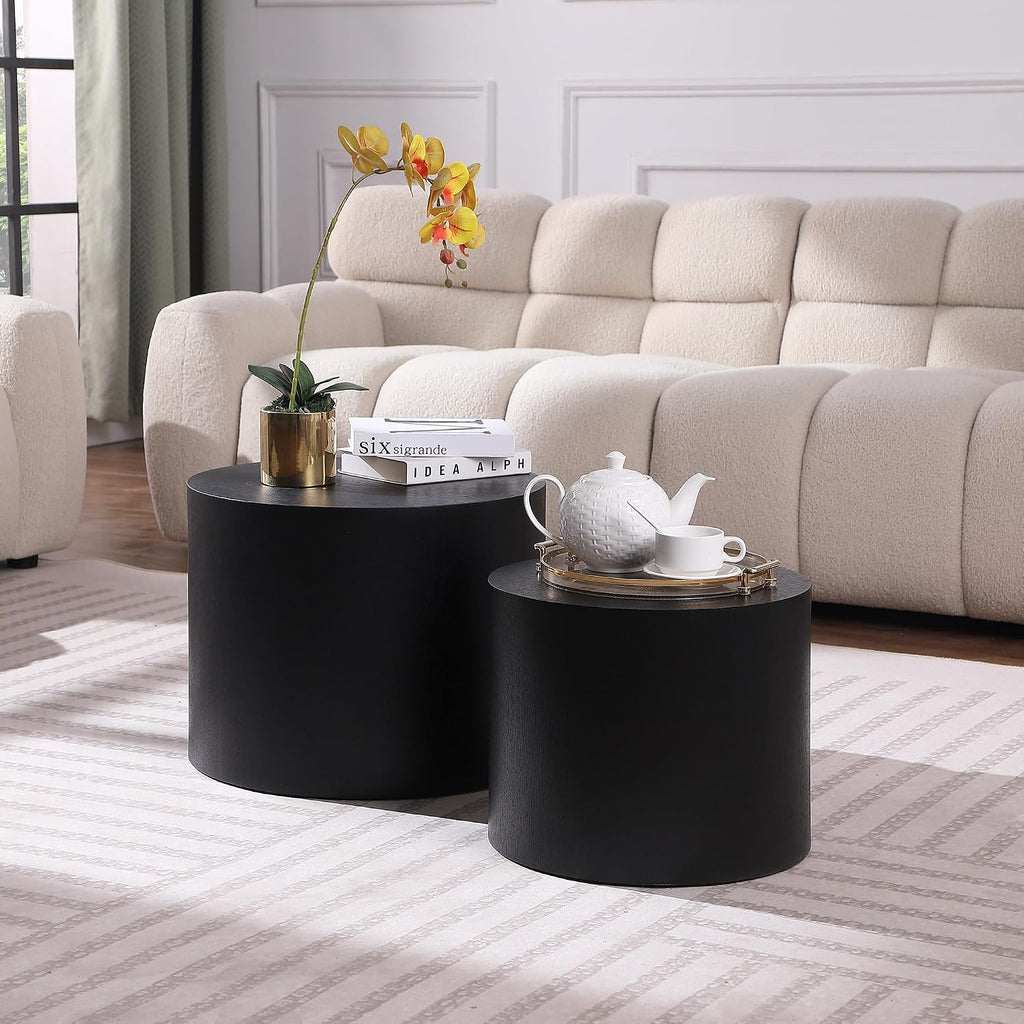 Black Round Nesting Coffee Table Set of 2, Modern Wood Side Table Full Assembly for Small Space Living Room Apartment - Black