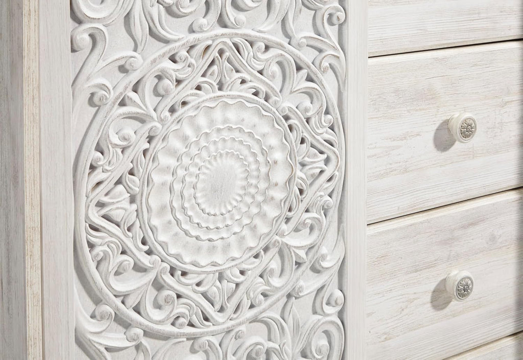 Signature Design by Ashley Paxberry Boho 5 Drawer Dressing Chest with Slider Door & 3 Adjustable Shelves, Whitewash
