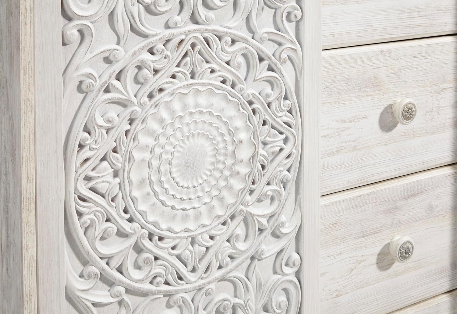Signature Design by Ashley Paxberry Boho 5 Drawer Dressing Chest with Slider Door & 3 Adjustable Shelves, Whitewash