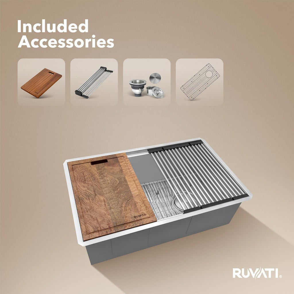 Ruvati 30-inch Workstation Kitchen Sink - Slope Bottom Offset Drain 16 Gauge Stainless Steel Kitchen Sink with Brushed Finish hides scratches, Easy-to-Clean Undermount Sink - RVH8582