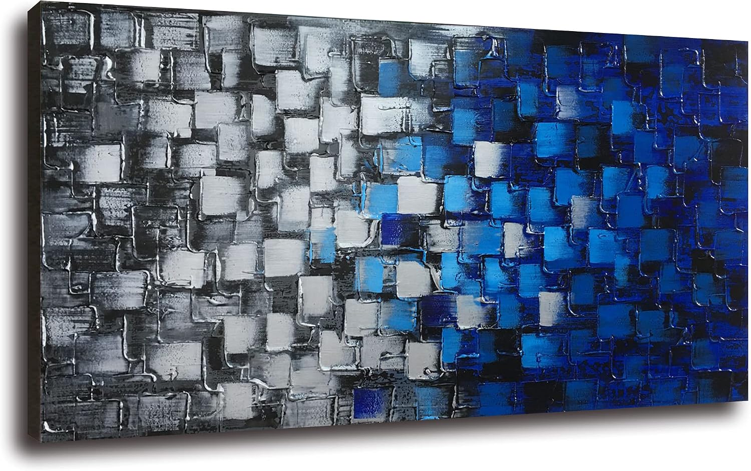 Abstract Dark Blue and Silver Painting Pictures Modern 3D Textured Squares Wall Art on Canvas for Home and Office Decoration Framed Ready to Hang 56x28inch