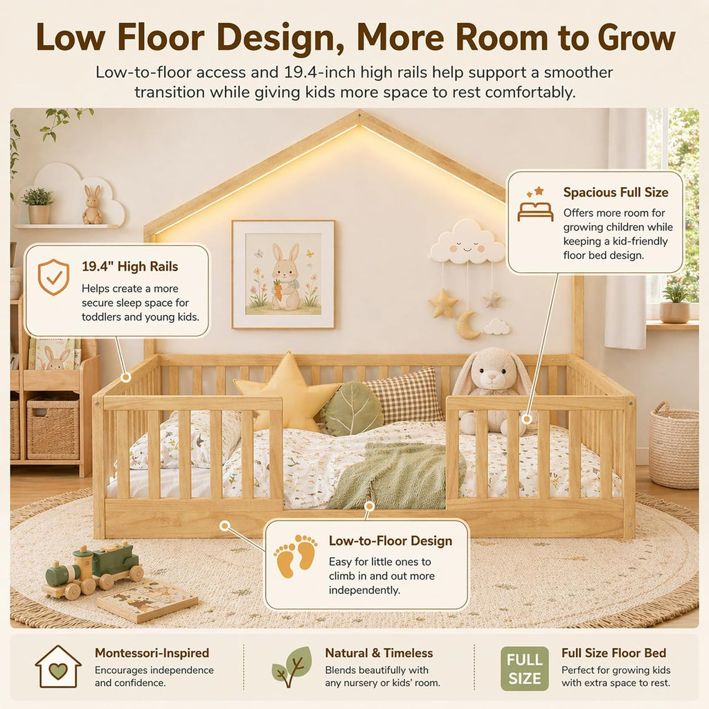 Full Size Floor Bed with High Rails, Wooden Montessori Bed Full with Light & Wood Slats, Low Profile Montessori Floor Beds for Kids, Boys & Girls, Natural