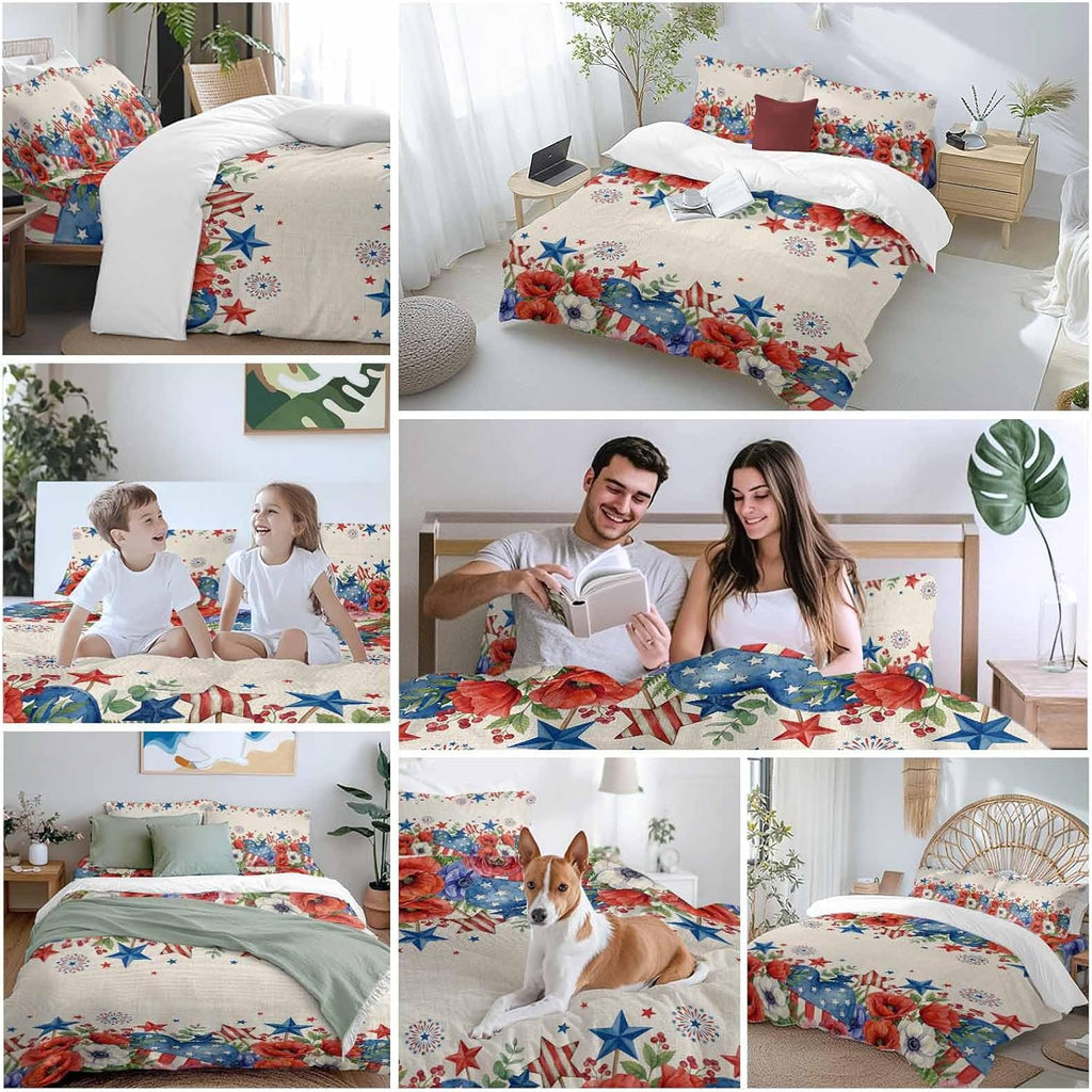 Independence Day Duvet Cover Set Queen Size 4 Pieces Blue Red White Floral Flower Love Heart Retro Bedding Set with Zipper Closure, 1 Comforter Cover 92x106 Inches 1 Flat Sheet & 2 Pillow Cases