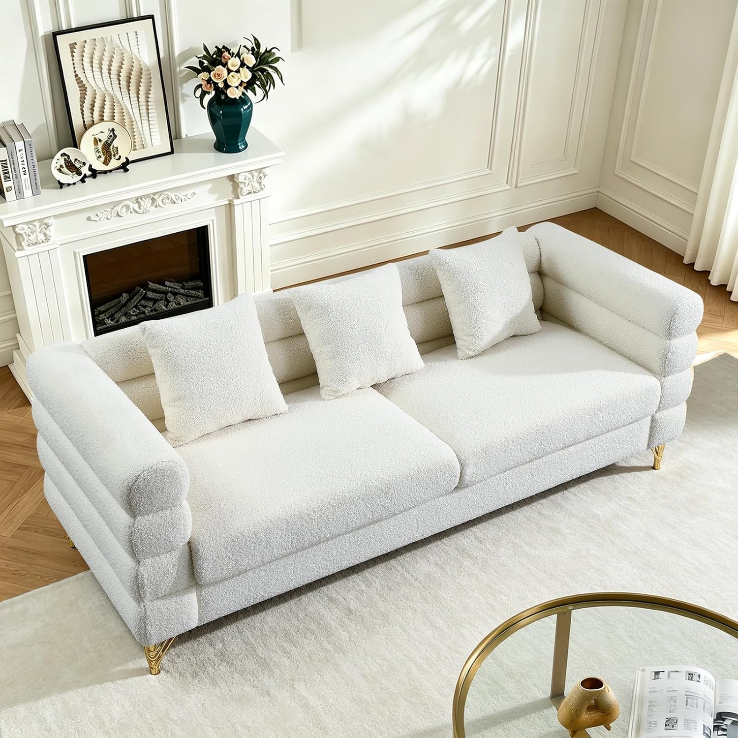 Loveseat Modern Sofa, 81' Teddy Boucle Comfy Cloud Couch Upholstered Deep 3 Seater Sherpa Couch Set with Stylish Metal Legs for Living Room Home Office Bedroom Apartment, White
