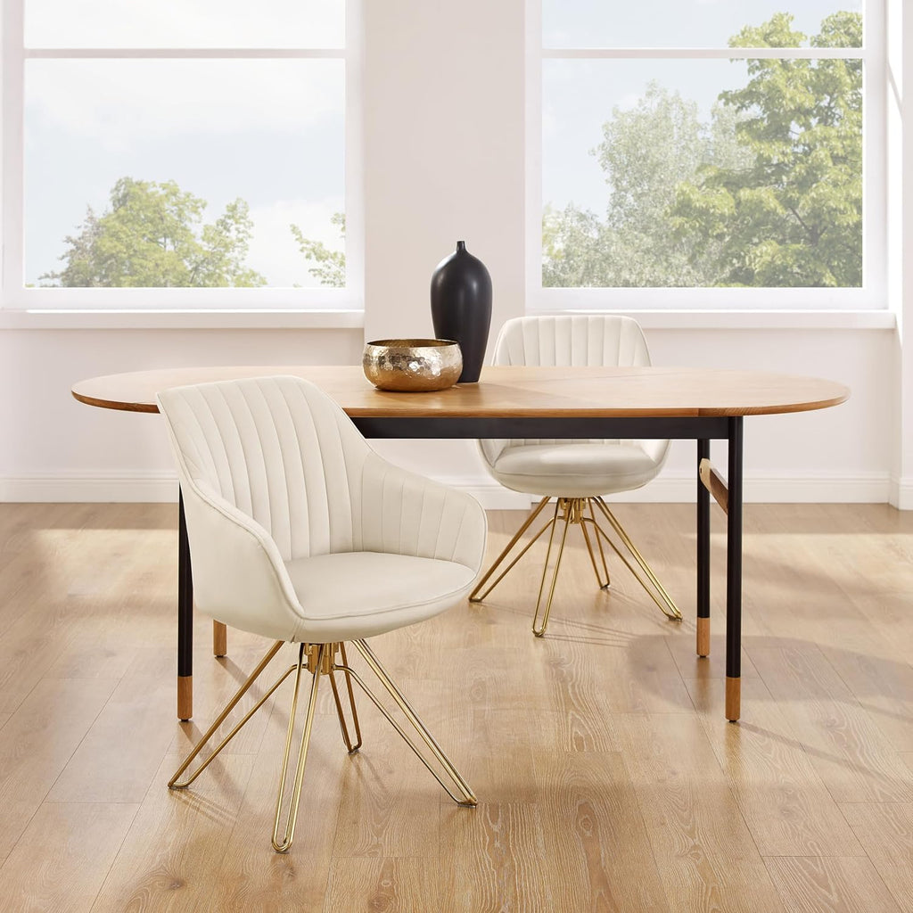 Volans Swivel Accent Chair, Mid Century Modern Dining Room Chairs with Hollow Black Metal Leg, Home Office Desk Chair No Wheels for Living Room, Bedroom, Off White