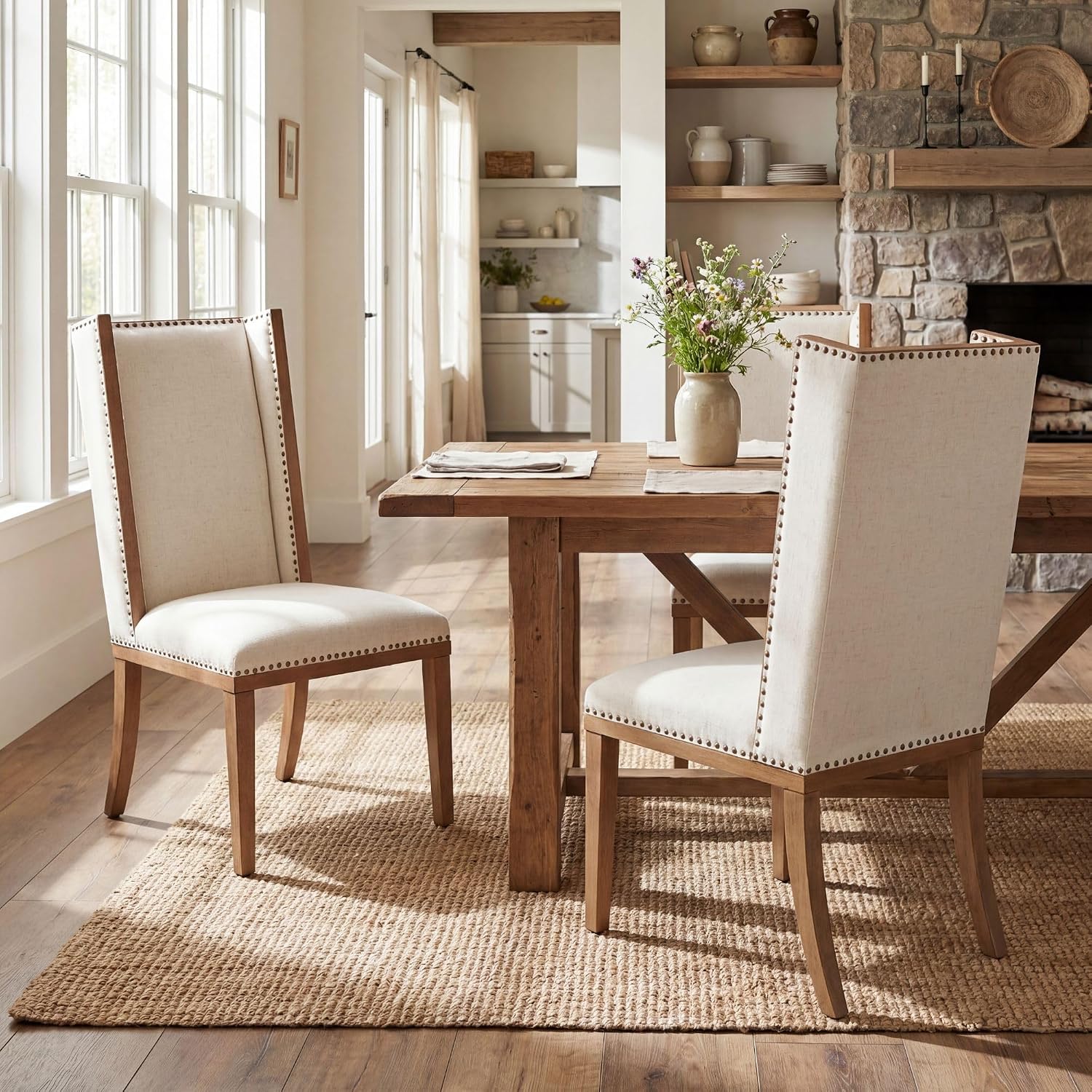 Wingback Dining Chairs Set of 2, Uphosltered Linen Kitchen Chairs with High Back, Solid Wood Accent Side Chair for Dining Room/Bedroom/Living Room, Linen White