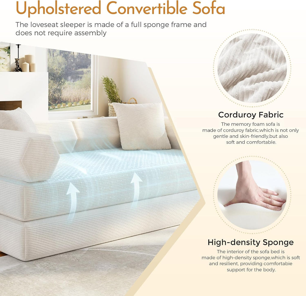 79'' Corduroy Convertible Sofa Bed, No Assembly Modular Folding Sleeper Couch, 5-in-1 Pull Out Bed with Removable Washable Cover, Space Saving Guest Bed for Living Room Apartment Bedroom (Beige White)
