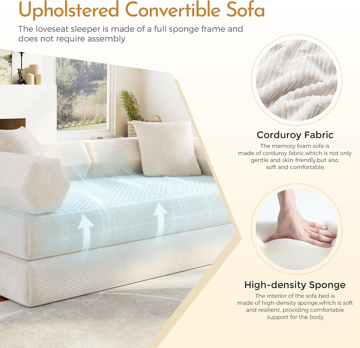 79'' Corduroy Convertible Sofa Bed, No Assembly Modular Folding Sleeper Couch, 5-in-1 Pull Out Bed with Removable Washable Cover, Space Saving Guest Bed for Living Room Apartment Bedroom (Beige White)