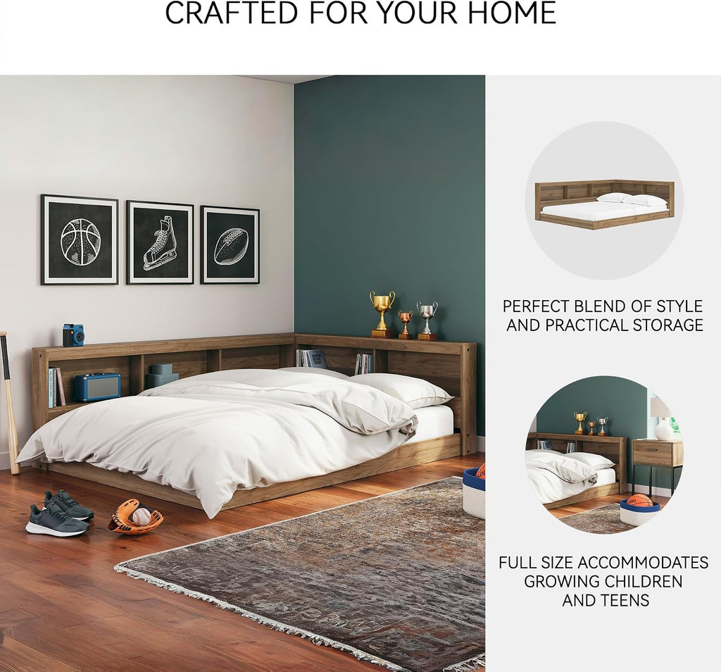 Signature Design by Ashley Deanlow Mid-Century Modern Full Bookcase Storage Floor Bed, No Foundation or Box Spring Needed, Wood, 26' High, Light Brown
