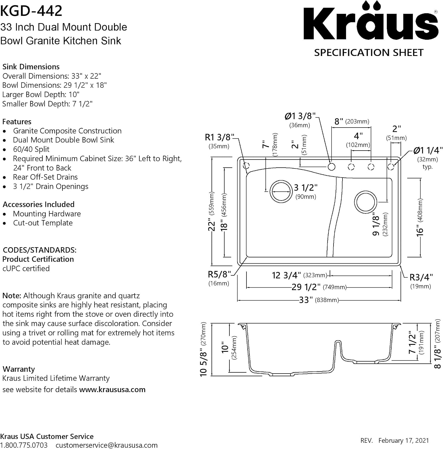 KRAUS KGD-442 Quarza 33-inch 33' Dual Mount 60/40 Double Bowl Granite Kitchen Sink in Grey