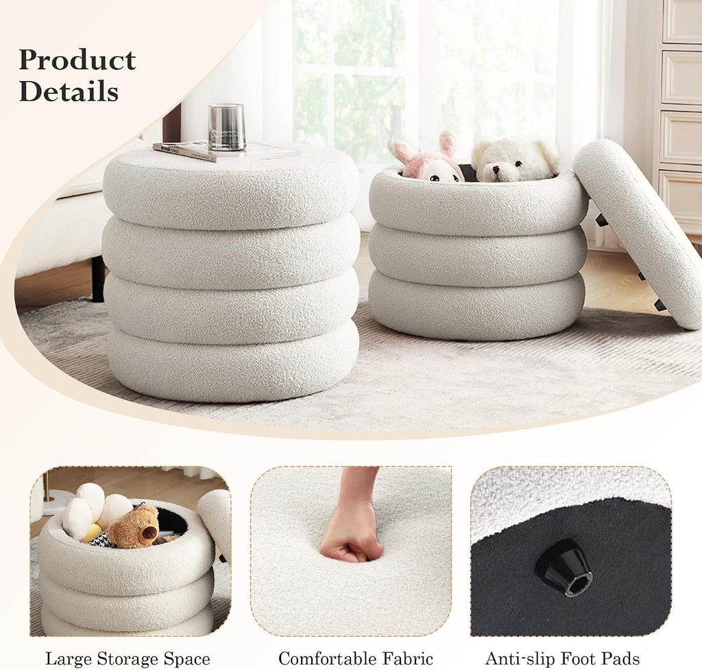 19.5 Inch Round Storage Ottoman, Modern Sherpa Ottoman Coffee Table with Removable Top, White Vanity Stool with Storage for Bedroom, Living Room, Dorm, Set of 2