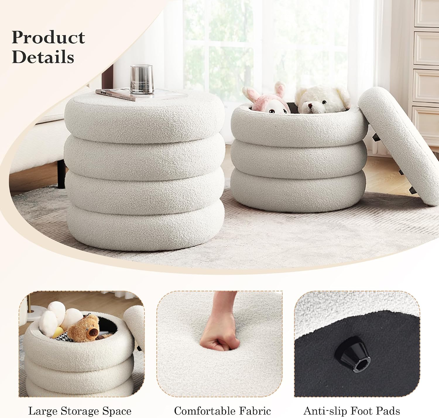 19.5 Inch Round Storage Ottoman, Modern Sherpa Ottoman Coffee Table with Removable Top, White Vanity Stool with Storage for Bedroom, Living Room, Dorm, Set of 2
