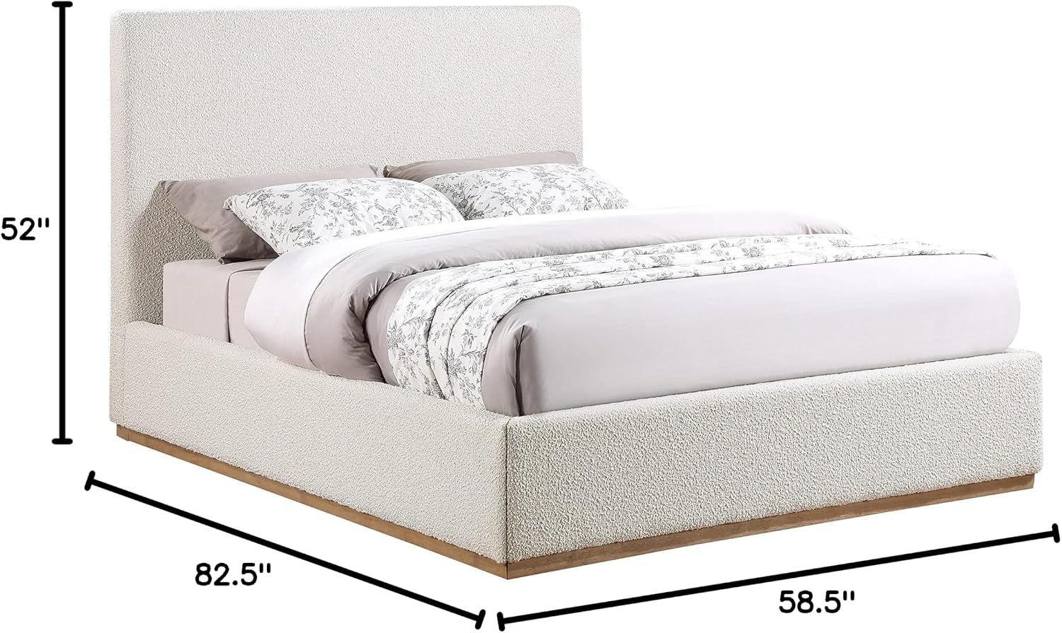 Meridian Furniture MonacoCream-F Monaco Collection Modern | Contemporary Boucle Fabric Upholstered Full Bed with Solid Wood Natural Wire Brush Finish, 58.5' W x 82.5' D x 52' H, Cream, Full