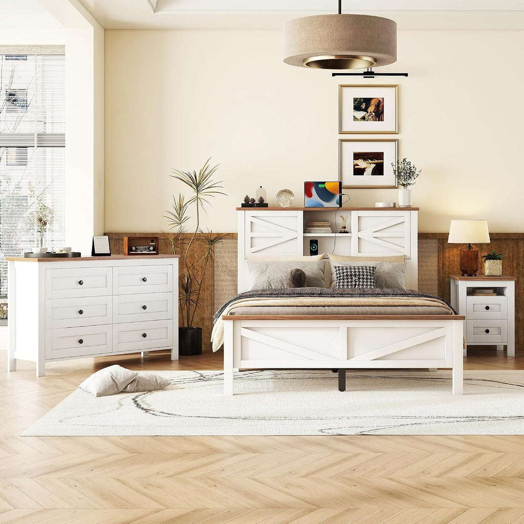 3PCS Bedroom Sets, Full Size Farmhouse Platform Bed with Double Sliding Door Storage Headboard, Cabinet & Nightstand, 3PCS Bedroom Sets with USB, for Kids, Adults, White