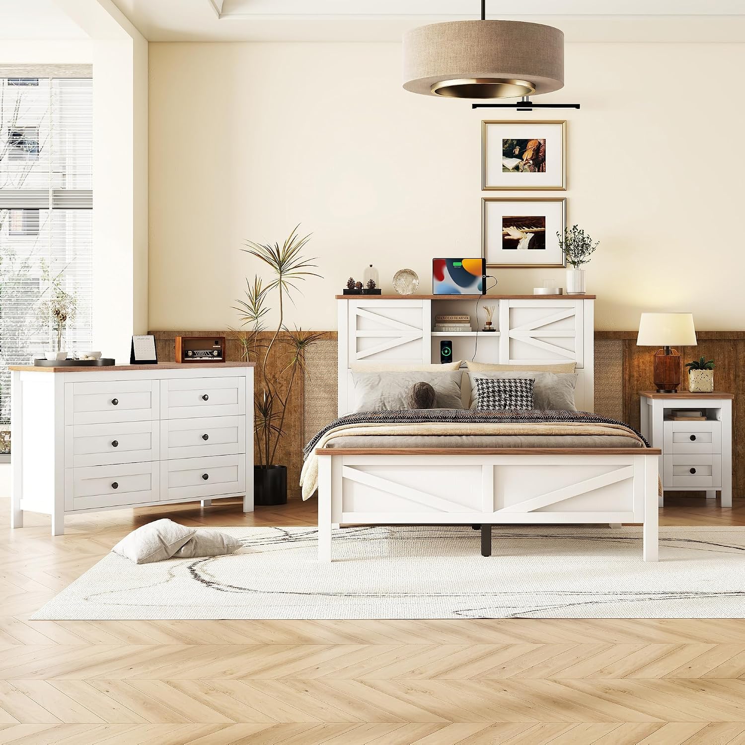 3PCS Bedroom Sets, Full Size Farmhouse Platform Bed with Double Sliding Door Storage Headboard, Cabinet & Nightstand, 3PCS Bedroom Sets with USB, for Kids, Adults, White