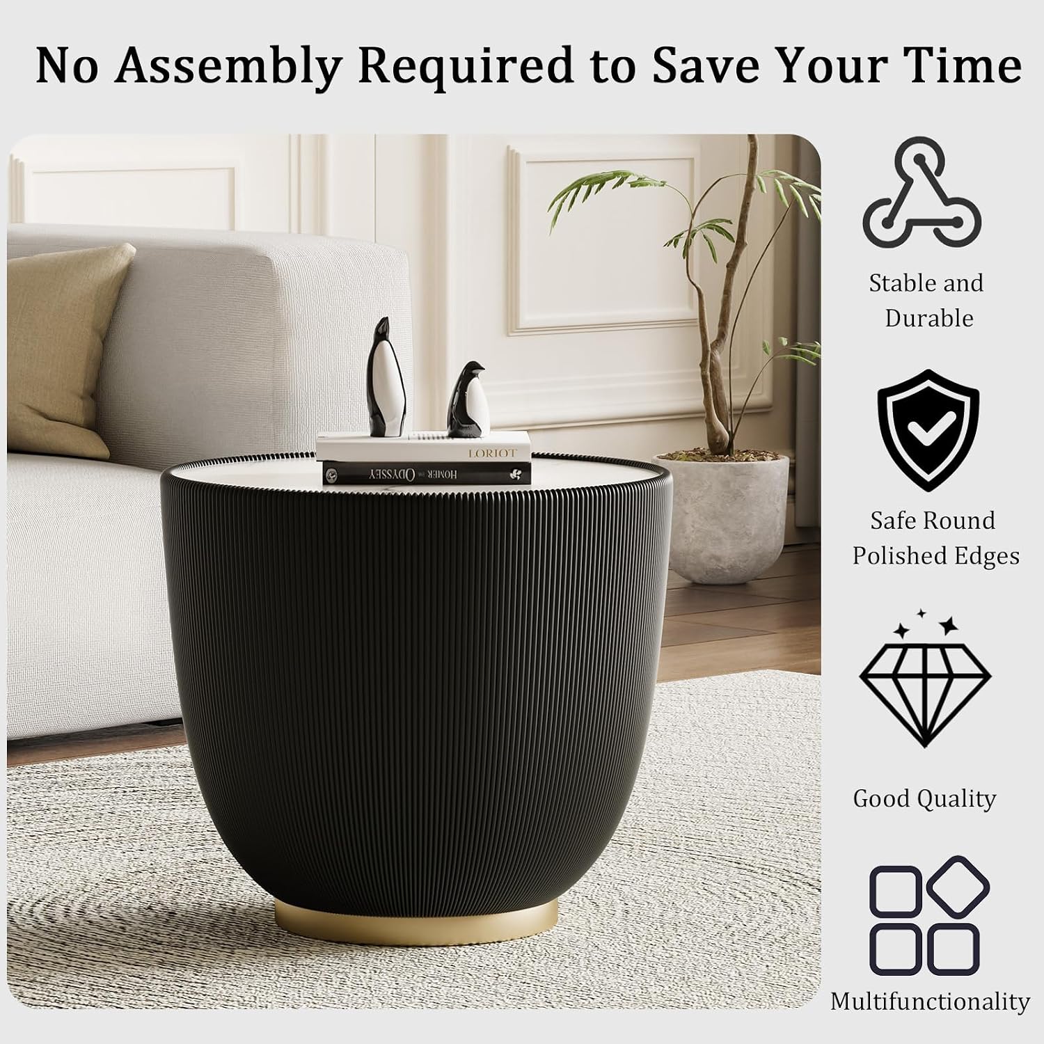 Round Living Room Table Set, 27.56' Grey Drum Center Table and 19.69' Black Coffee Table Set, 2 Pieces Coffee Table Set with Sintered Stone Tabletop, Fluted PU Leather Covered and Metal Base