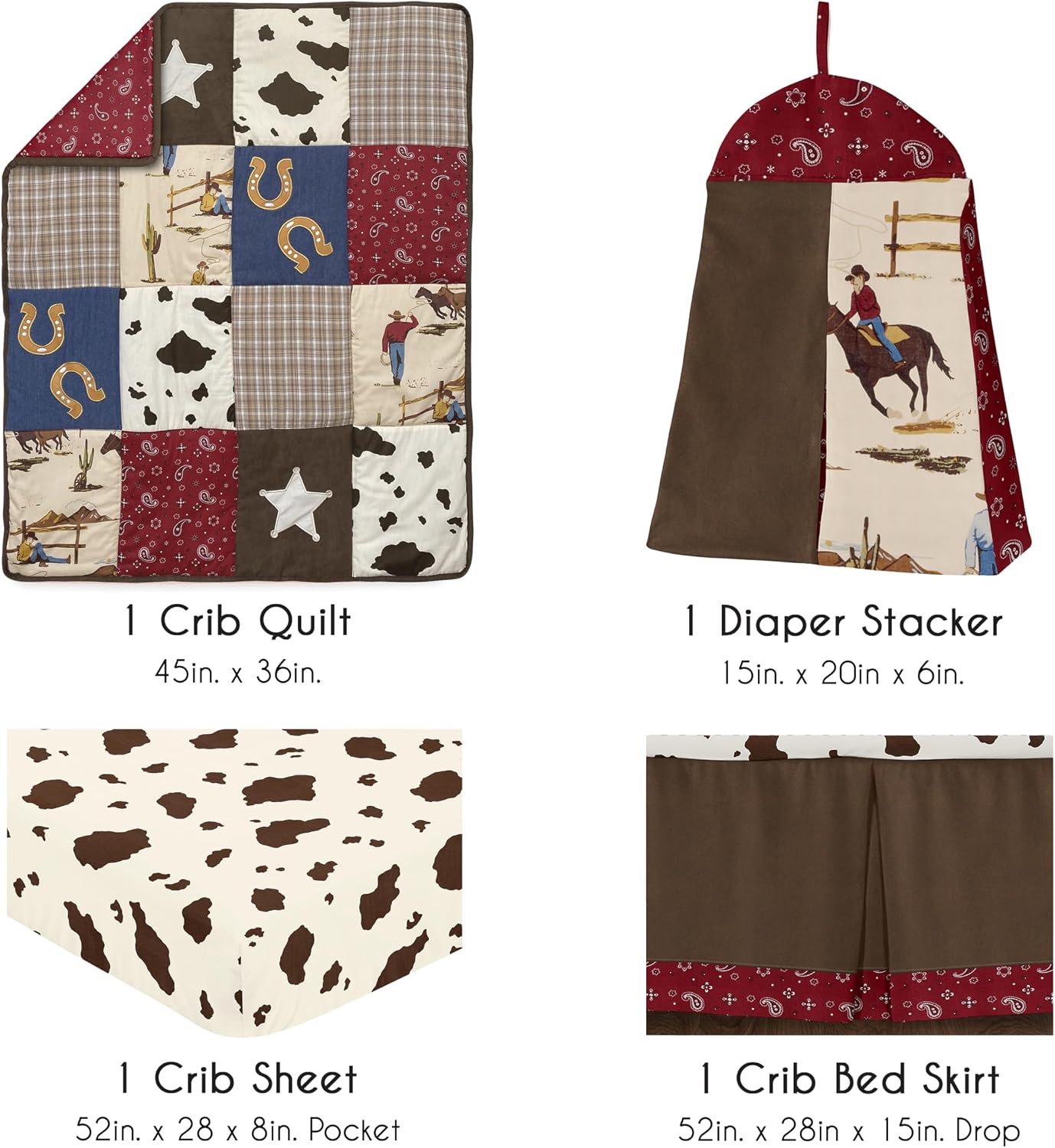 Sweet Jojo Designs 4-Piece Baby Crib Bedding Set (Western Cowboy) for Boys, Infants/Nursery incl. Blanket, Fitted Sheet, Skirt, Diaper Stacker (Country, Farm, Horse Ranch, Wild West, Southern Charm)