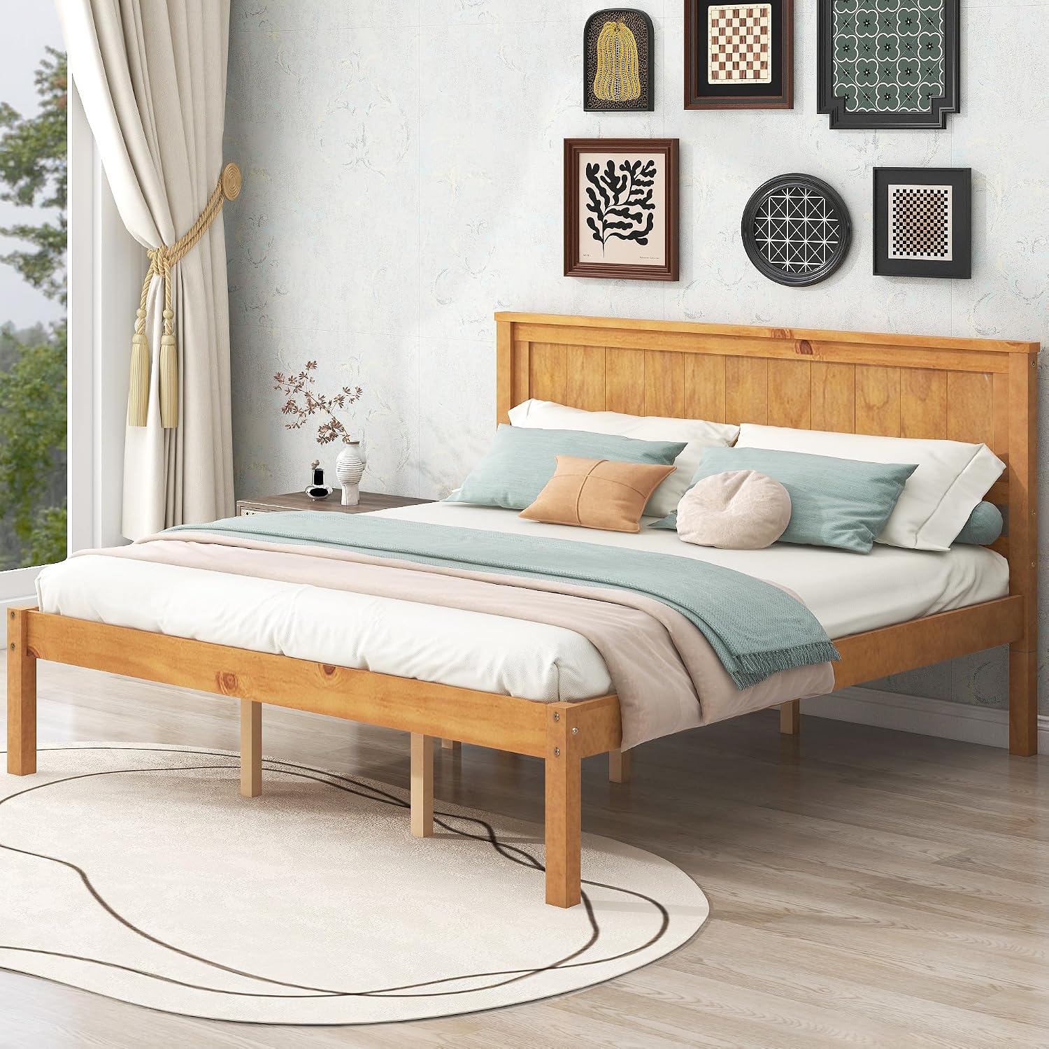 Queen Size Wood Bed Frame and Headboard, Modern Retro Brown Platform Beds Frames, Sturdy and Durable Design Rustic Wooden Bedroom Set, Easy Assembly, No Box Spring Needed (Oak, Queen)