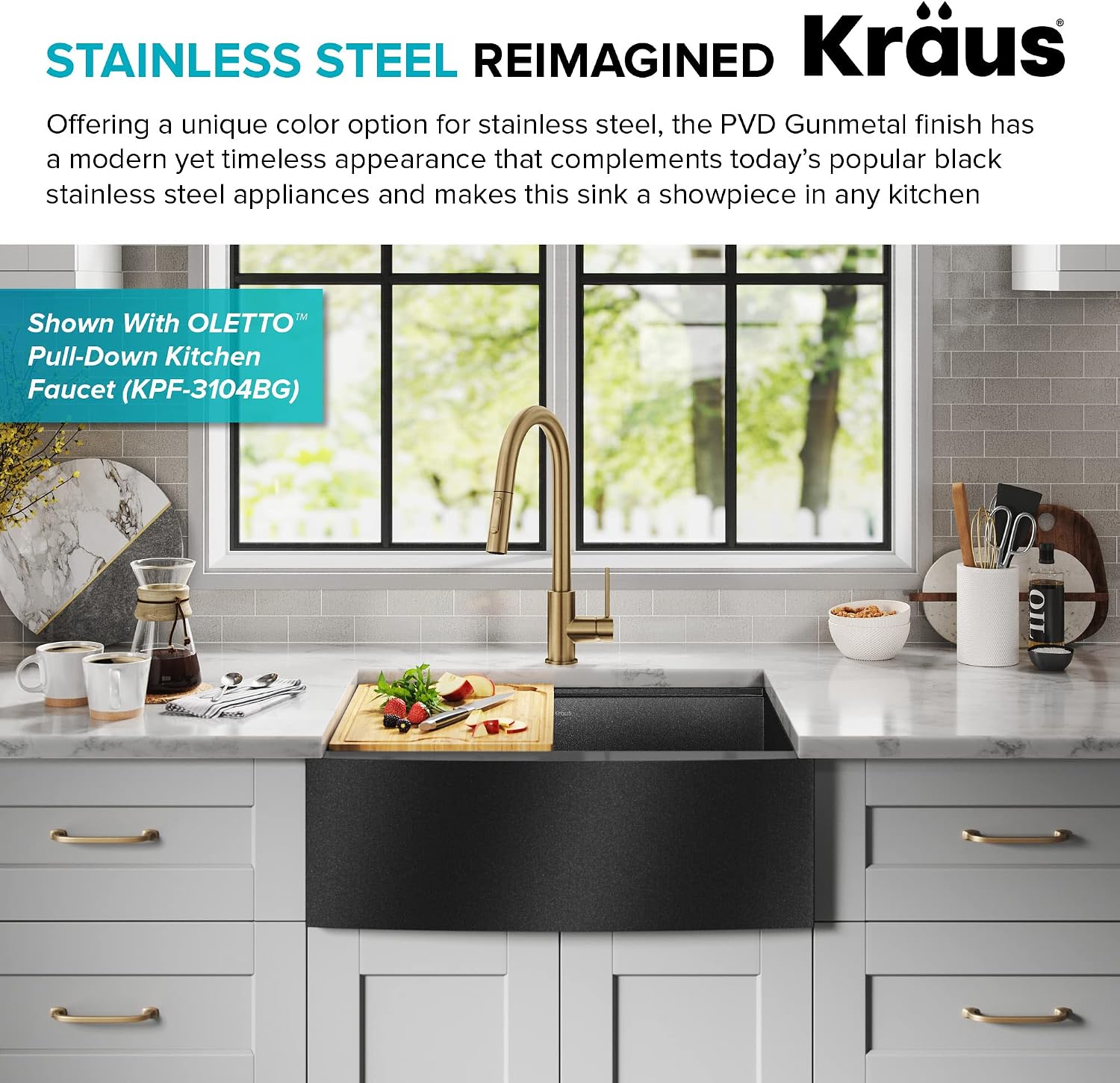 KRAUS Kore Workstation 27-inch Farmhouse Apron Front 16 Gauge Black Stainless Steel Single Bowl Kitchen Sink in PVD Gunmetal Finish with Accessories, KWF210-27-PGM