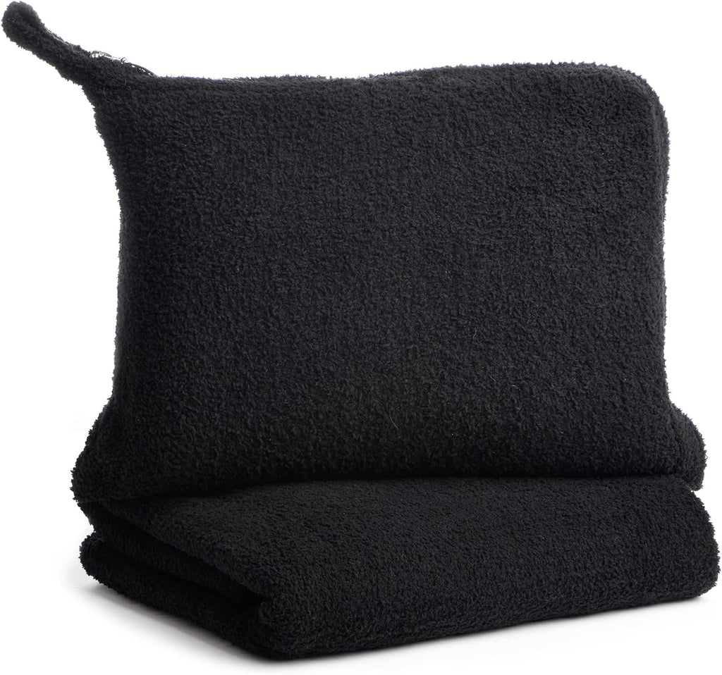 KASHWÉRE Solid Travel Blanket in Zipper Pouch, Use as Mini Throw or Pillow (Black)