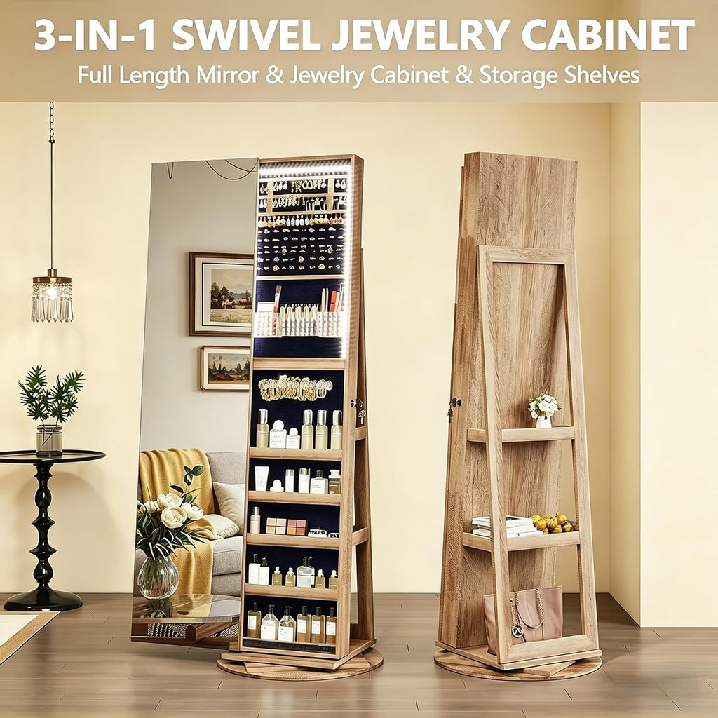 LVSOMT 360° Rotating Full Length Mirror Jewelry Cabinet with Sliding Door, LED Lighted Lockable Jewelry Armoire Organizer, Standing Up Mirror with Storage for Bedroom Dressing Room, Light Wood