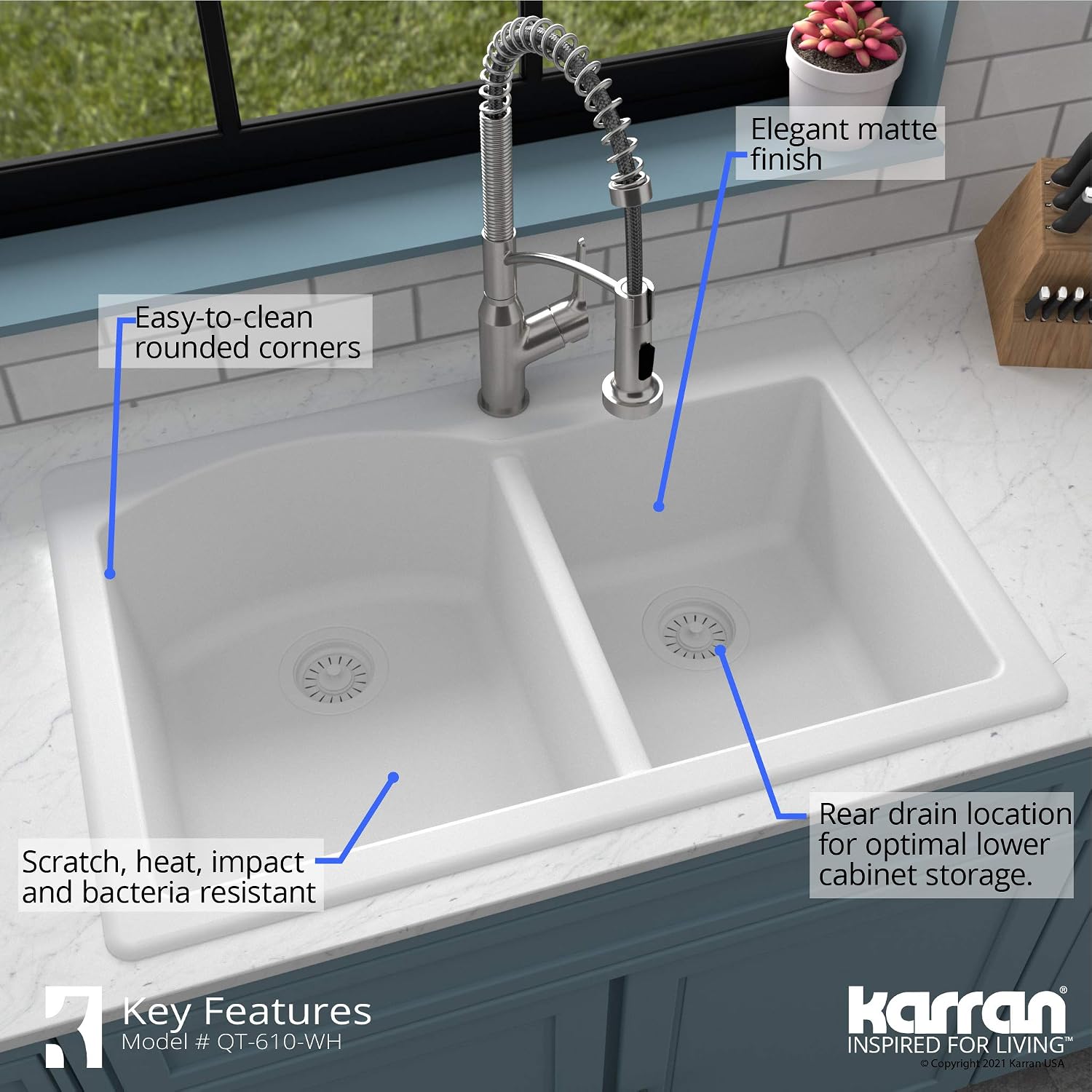 Karran 33' Drop-In/Top Mount Quartz Composite 1-Hole 60/40 Double Bowl Kitchen Sink in White
