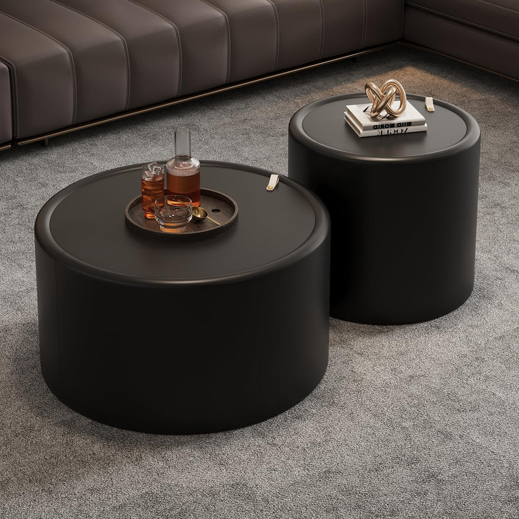 Round Living Room Table Set with Hidden Storage, 27.56' Black Drum Center Table and 19.69' Black Coffee Table Set, 2 Pieces Coffee Table Set with Tempered Glass Top and PU Leather Body