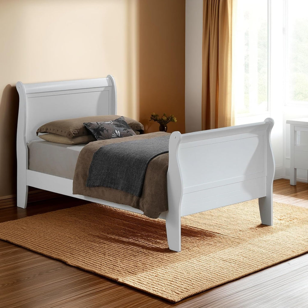 GDFStudio Twin Size Wood Platform Bed Frame, Classic Sleigh Design with Curved Trim & Wood Posts,Easy Assembly, Box Spring Required,Timeless Elegant Bedroom Furniture,White