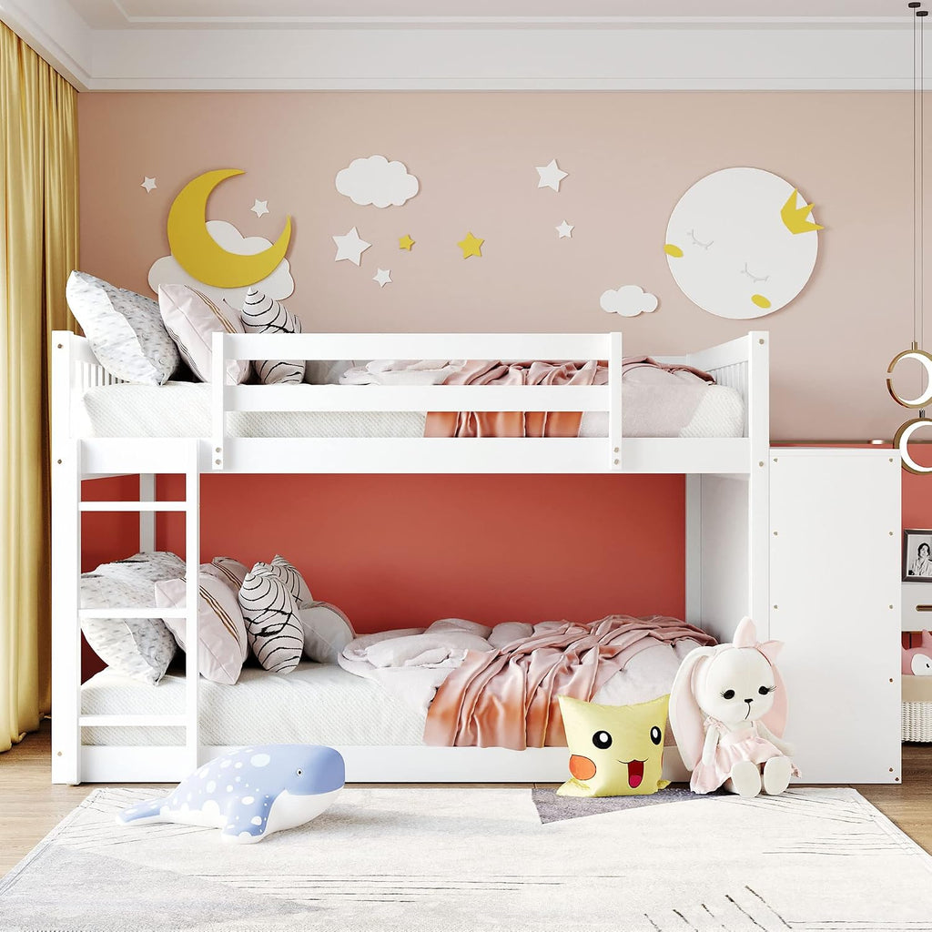 Full-Over-Full Size Bunk Bed, Bedroom Furniture Pine Wood Bed Frame with Storage Drawers and Open Shelves, Drawers and Shelves Set Can Be Moved, for Kids & Teens (White)