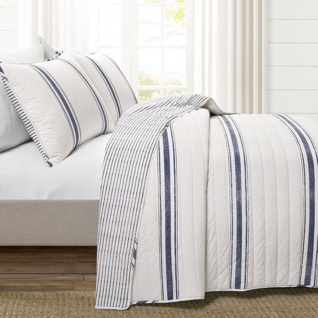 Lush Decor Farmhouse Stripe Reversible Cotton Quilt California King Size 3 Piece Set Navy - Farmhouse Bedding Set - Cal King Quilt - Striped Bedding