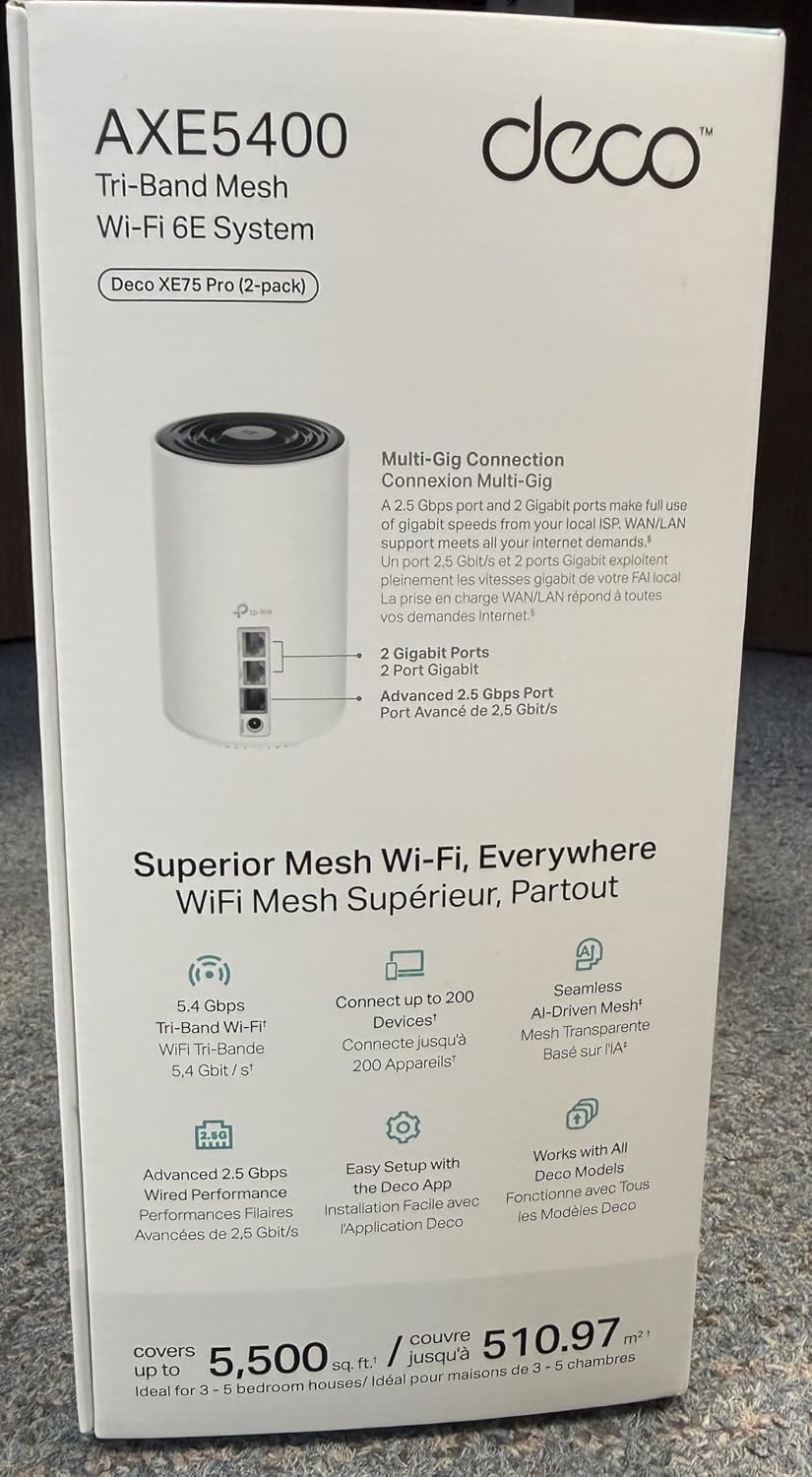 TP-Link Deco XE75 Pro AXE5400 Tri-Band WiFi 6E Mesh System - 2.5G WAN/LAN Port, Covers up to 5500 Sq.Ft, Replaces WiFi Router and Extender, AI-Driven Mesh, New 6GHz Band, 2-Pack