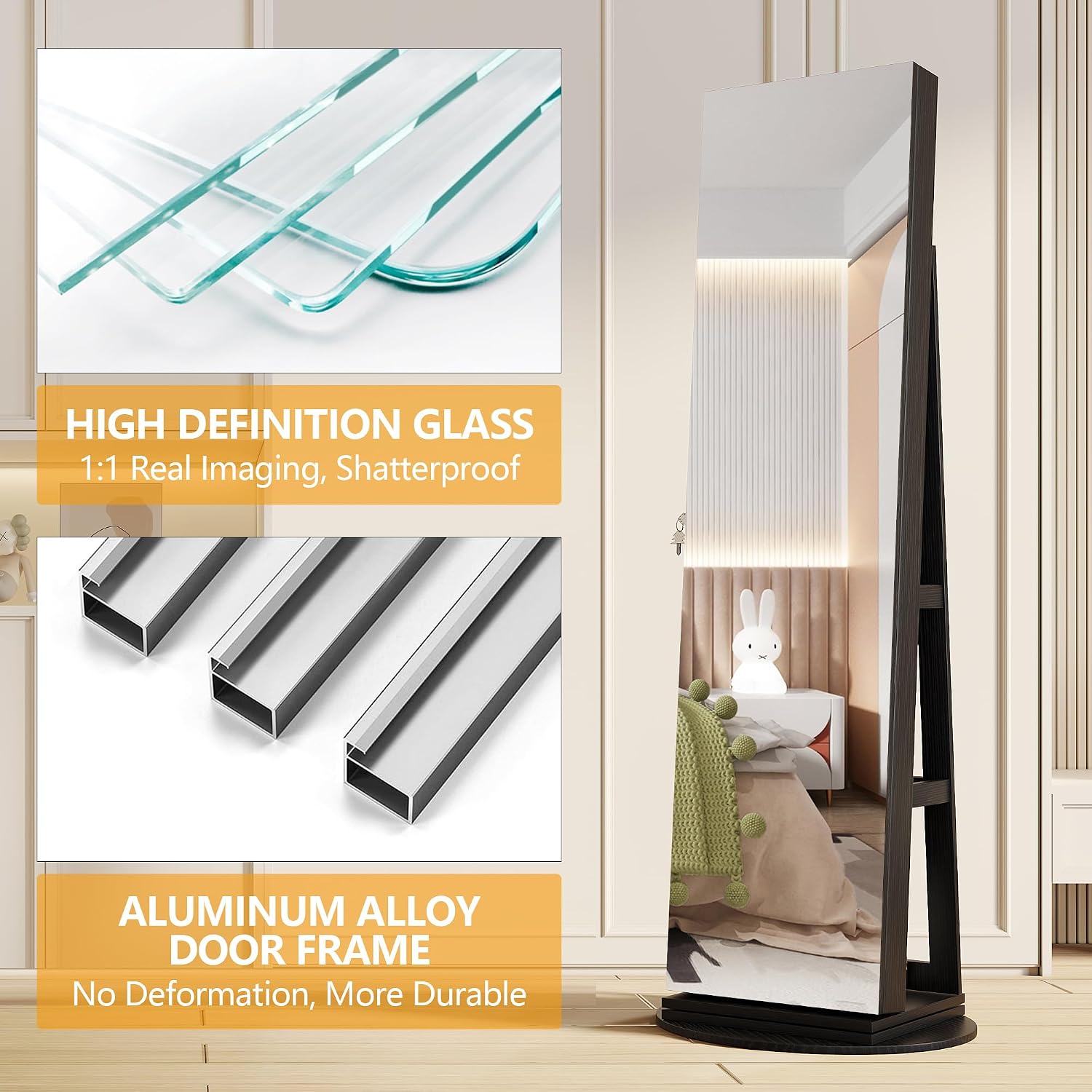 LVSOMT 360° Swivel Jewelry Cabinet with Full Length Mirror and Sliding Door, 63' Large Jewelry Armoire with Lock and Rear Shelves, Floor Standing Mirror with Storage for Bedroom Cloakroom, Black