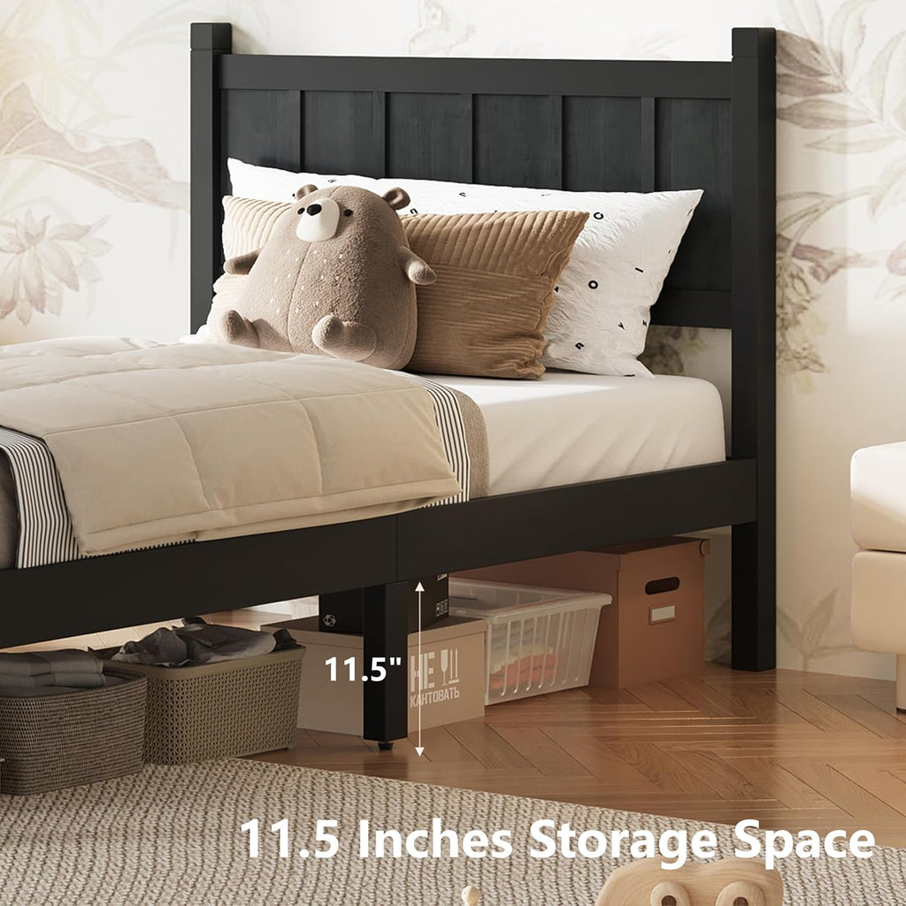 Twin Size Flat Panel Bed with Headboard & Footboard – Minimalist Modern Platform Bed with Wood Grain Finish, Shaker & Farmhouse, 11.5' Under-Bed Storage, Sleek & Functional (Black3, Twin)