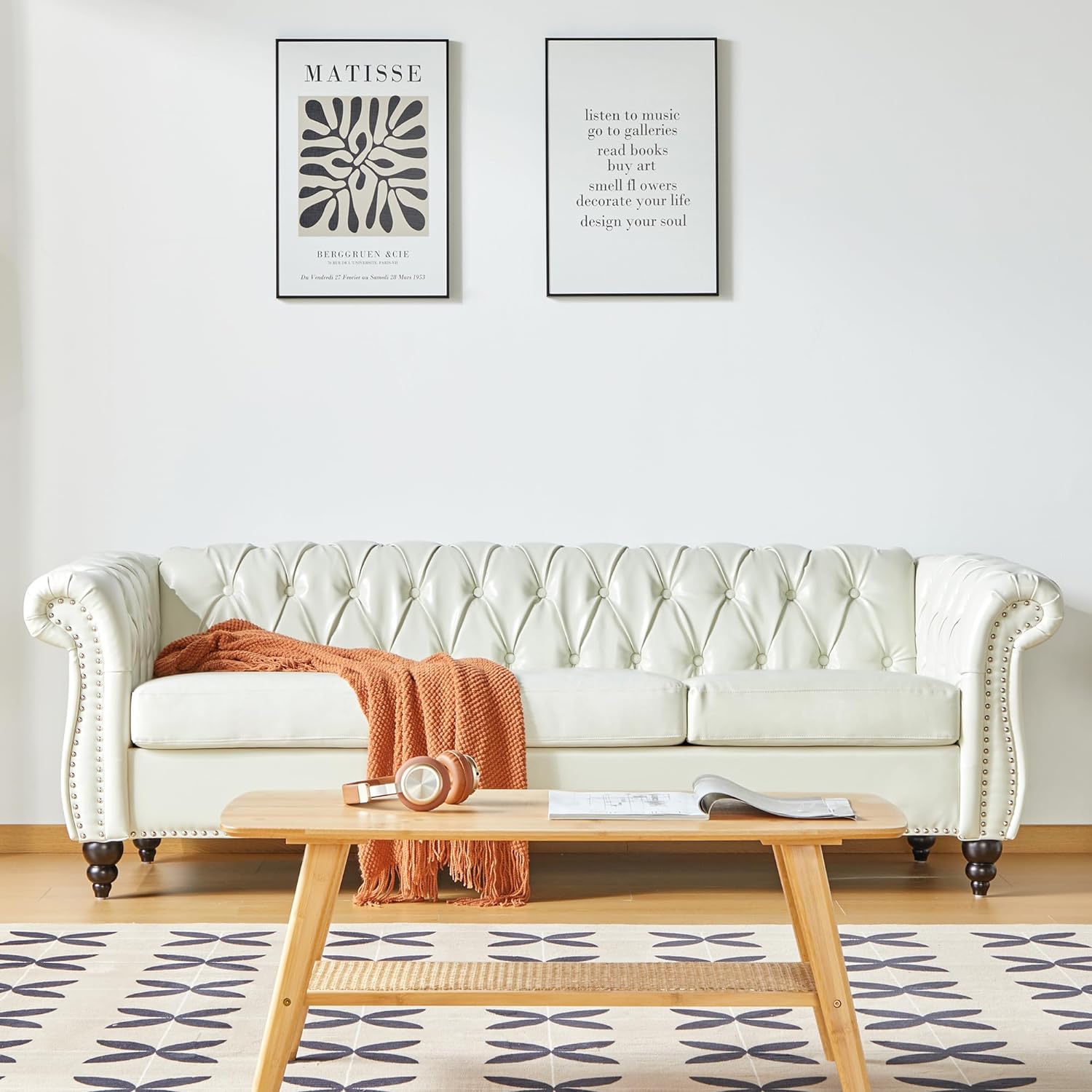 QHITTY 2 Piece Living Room Set, Sectional Chesterfield Sofa Chair Contemporary Upholstered Leather Loveseat Couch Sets for Living Room, Bedroom, Office (White)