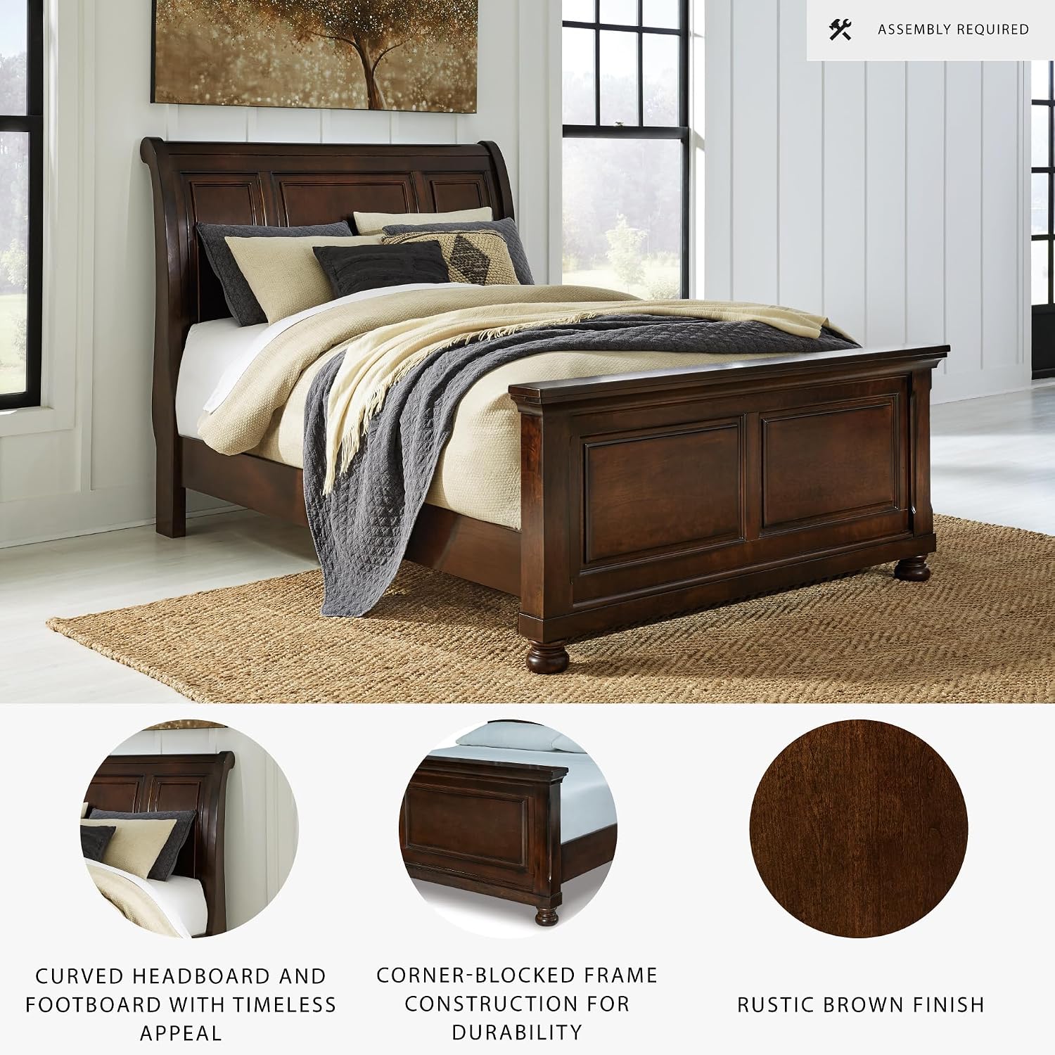 Signature Design by Ashley Porter Traditional Queen Sleigh Bed with Bun Feet, Foundation or Box Spring Needed, Dark Brown