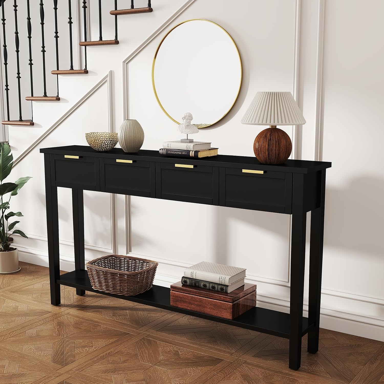 kinbor Long Console Table - 2-Tier Narrow Sofa Table with Open Shelf & 4 Drawers, Modern Narrow Console Table Entryway Table with Storage for Entryway Living Room Bedroom Kitchen, Black