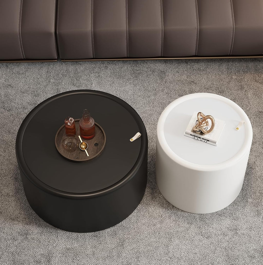 19.69' White Round Coffee Table with Hidden Storage, Drum Coffee Table with Tempered Glass Top and PU Leather Body, Circle Cocktail Tea Table for Living Room, No Assemble
