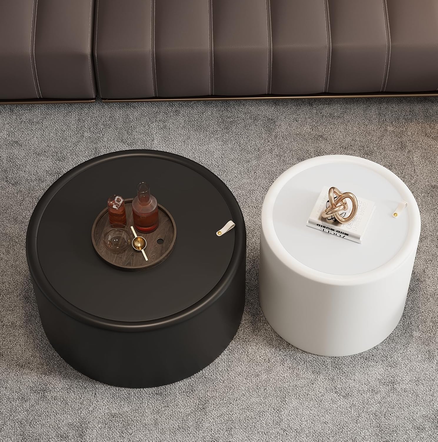 19.69' White Round Coffee Table with Hidden Storage, Drum Coffee Table with Tempered Glass Top and PU Leather Body, Circle Cocktail Tea Table for Living Room, No Assemble