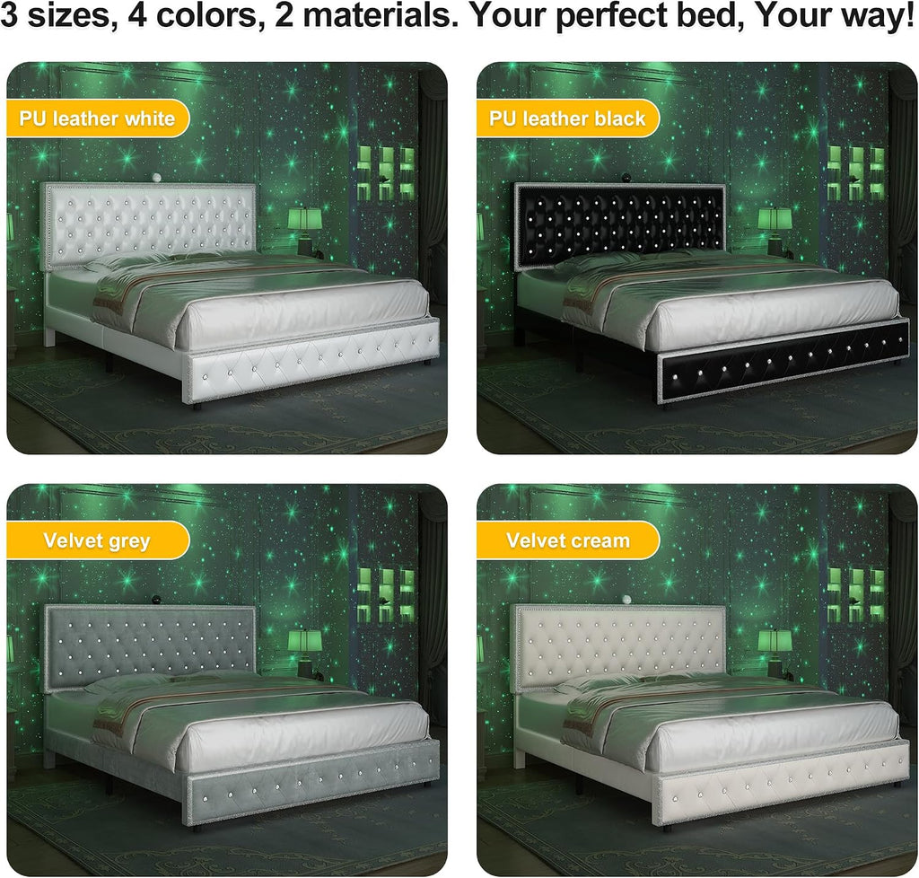 Queen Upholstered Platform Bed Frame with LED Headboard, Built-in Star Projector & Adjustable Headboard, No Box Spring Needed, Easy Assembly, Solid Wood Slats,Modern Bedroom Furniture, Velvet Cream