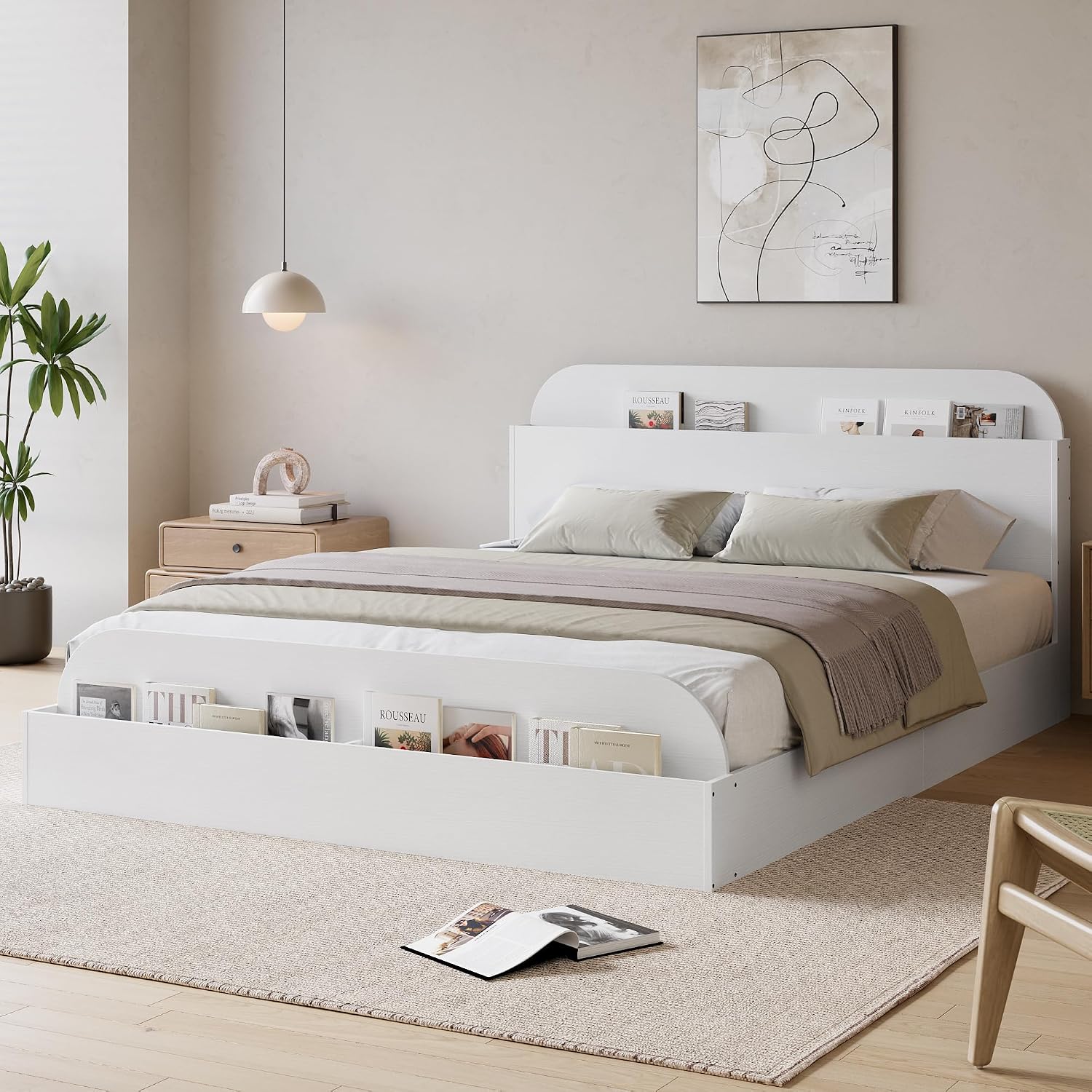 GarveeHome Full Size Bed Frame, Wooden Beds with Storage Headboard and Raised-Foodboard, Full-Floor Low Platform Bed for Bedroom, Sturdy Wooden Slats Support, No Box Spring Needed, White